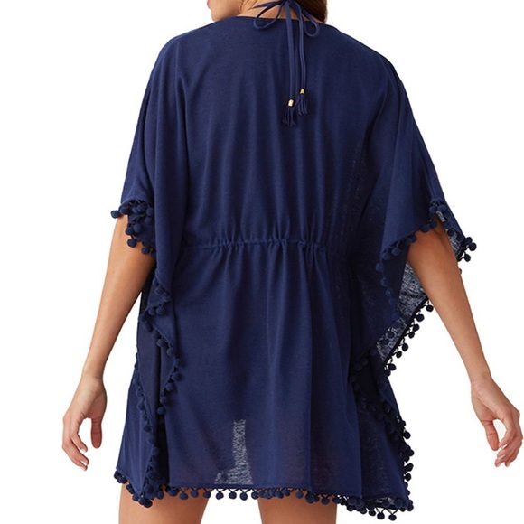 Club Collection 2X Plus Size Navy Tunic Swim Coverup with Pompom Trim - Picture 8 of 9